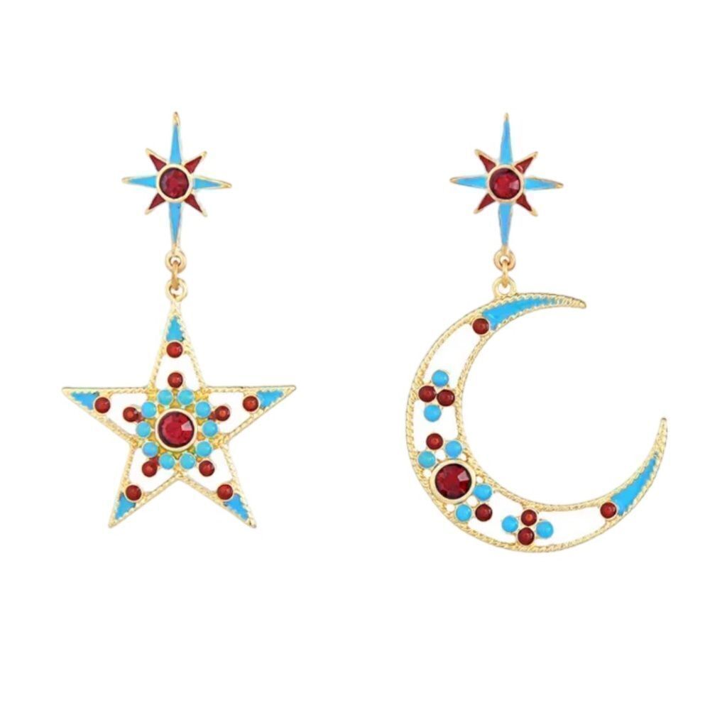 Bijoux Star Crescent Moon Mismatched Gold Tone Multicolor Dangle Earrings NWT
